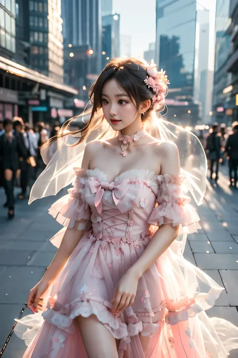 dress bow,layered dress,choker,butterfly wings,hair flower,long dress, pink dress,pink sleeves, (photorealistic:1.4), beautiful young Asian woman, long legs, fashion model, (Full bust, visible cleavage, very short hemline), (looking up angle:1.3), candid s...