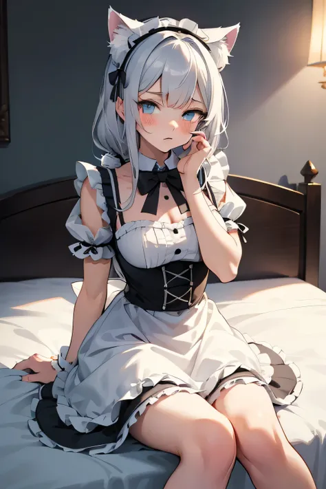 An anime-style illustration of a cute catgirl sitting on the bed. The character is a teenager with silver-gray hair. She has fluffy white cat ears, blue expressive eyes, and a soft, shy expression upset and angry, pouting. She is wearing a black and white ...