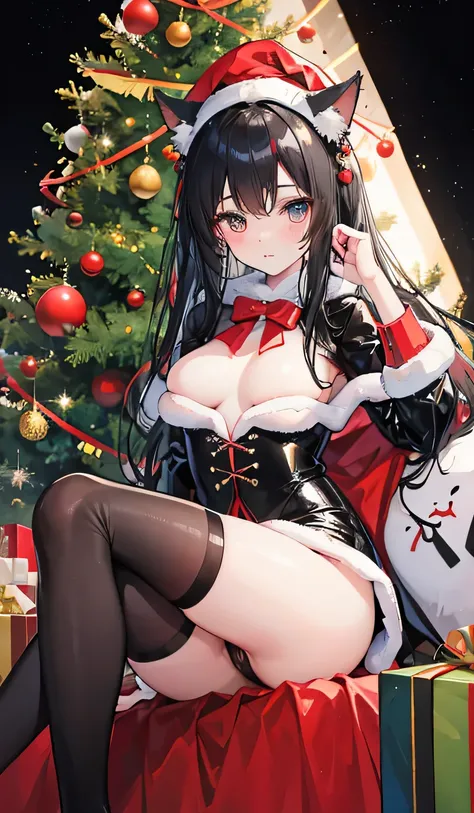 russian new year ,  Christmas tree  , black hair, cute face,   cat ears on the head,  in latex  ,  without underwear 