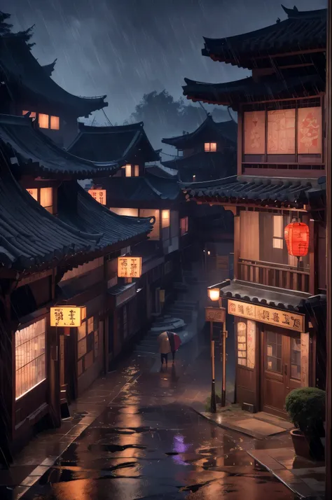 Arafed view of a village，a lot of lights on the buildings，dreamy Chinese towns，Chinese Village，amazing wallpapers，A Japanese town，Japanese village，surreal photo of a small town，old asian village，Japan city，Shopping Street，corner store，rainy evening, Cyberp...