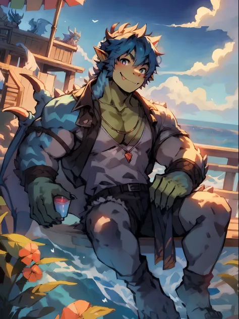 Two male dragon orcs eating refreshments on deck，Wearing summer clothes，Sexy，Blue sea and blue sky，Double，Two people looking at each other ， horizontal composition