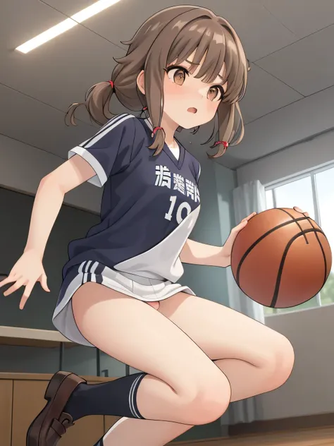 A young female basketball player performing a vivid jump shot. She holds the ball firmly in both hands, aiming for the goal with perfect form. Her slim basketball uniform accentuates her toned body, and black high socks add a stylish contrast. Her carefull...