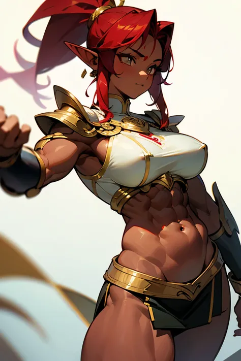 Gold decoration、Gold Skirt、Big body、Exposing abs 、Muscular arms and legs、Red Hair、high nose、Tea/ dark skin 、 Female Warrior、
Long pointed ears,  1 girl,  ponytail、Exposed legs、Exposing Belly 、
 Dark Elfs older sister、Big Breasts,  1 girl, Hair ties,  White...