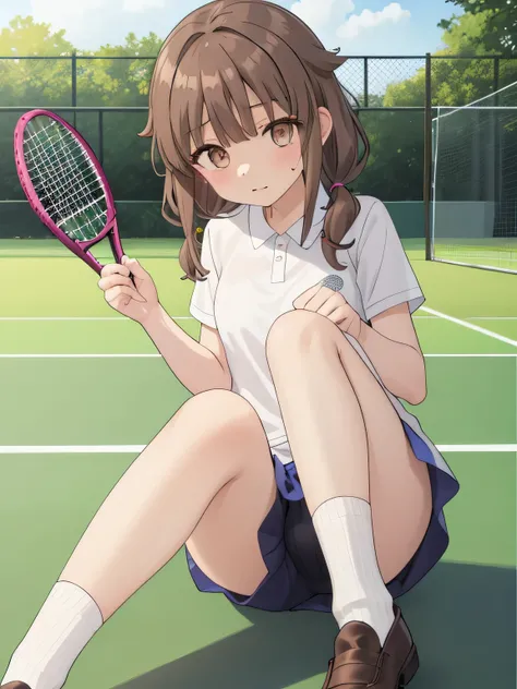 She is wearing a blue tennis outfit, with her white undergarments visible. She holds a single tennis racket with both hands in a poised and focused manner. The lush green grass tennis court stretches out in the background. This scene radiates elegance, pow...