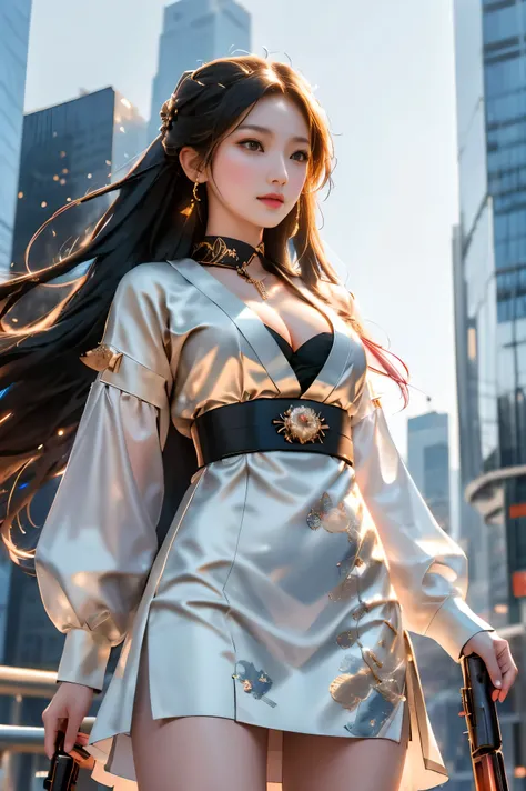 wuxian-xsg, (cowboy shot:1.4), (from below:1.3), (photorealistic:1.4), beautiful young Asian woman, long legs, fashion model, (Full bust, visible cleavage, very short hemline), (looking up angle:1.3), candid street photography, confident pose, radiant natu...