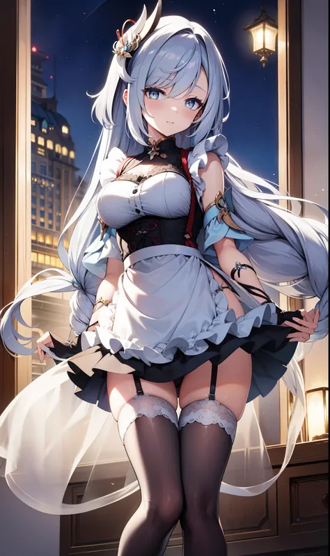 goddess，obsessed，have fun，in love，(White transparent maid uniform，With a long skirt)，Silver Hair，blue eyes，Transparent Clothes，Exquisite hair accessories，Transparent lace，Sky blue pattern，night，Dress nicely，bedroom，solitary，night，Engraved suspender boots，B...