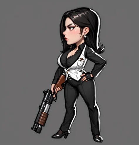 Game Characters，Korean woman，Single，Gangster， fierce and serious expression ，silver earrings ， wears white vest ， black low-cut shirt ， hold the submachine gun in your left hand，Wear half gloves ， black tight suit pants， Black Leather Shoes  ， heels ，UE5 R...