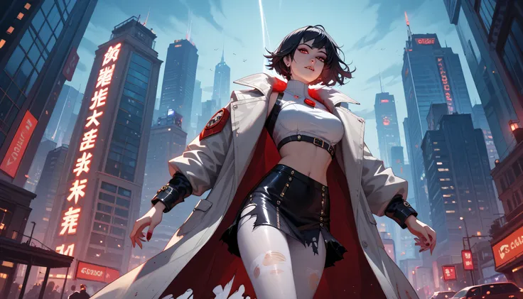 A vampire with long raven-black hair, blood-red eyes, and a faint scar over her cheek. She wears a high-tech trench coat that shimmers with iridescent threads, She perches on the edge of a skyscraper, her gaze fixed on the glowing city below at night, silv...