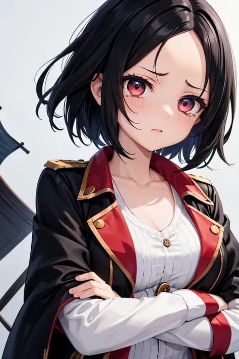 1girl，Black Hair，short hair，forehead，forehead，pirate captain outfit，wariza，crossed arms，torn clothes，tears