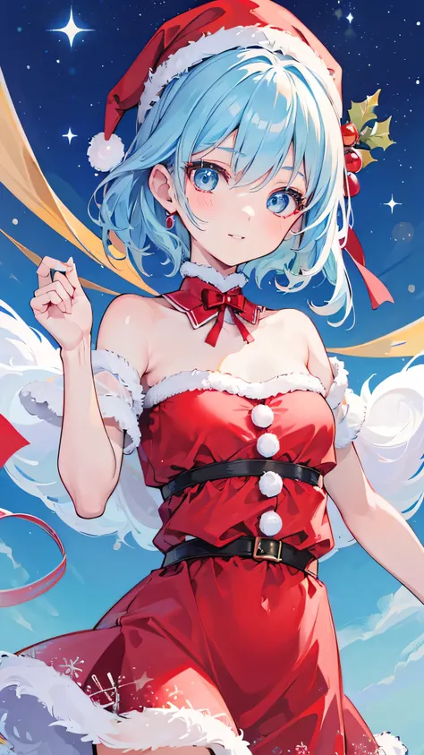 ( Best Quality ,4K, high resolution, Very detailed ,Practical:1.2),, Light Blue Hair ,  beautiful blue eyes , beautiful lips, Friendly smile,  flat chest  , cute girl , Christmas dress, red christmas cloth , short hair , shy 