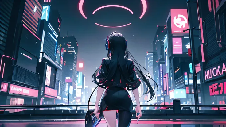 ((best quality)), ((masterpiece)), (detailed), One Woman、Long black hair、A back view of a man walking through a futuristic neon city, wearing headphones .night