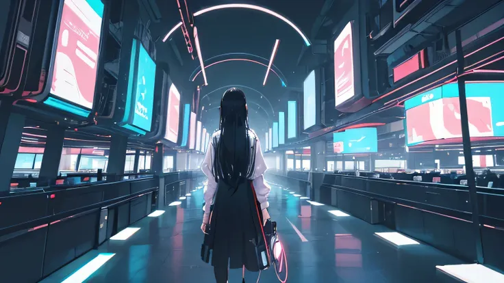 ((best quality)), ((masterpiece)), (detailed), One Woman、Long black hair、A back view of a man walking through a futuristic neon city, wearing headphones .night