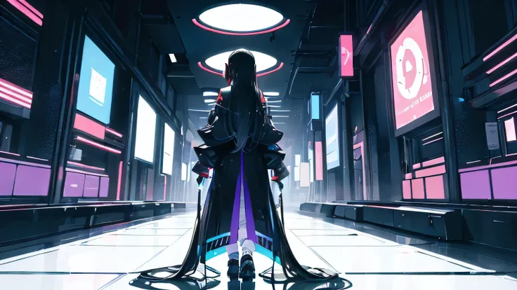 ((best quality)), ((masterpiece)), (detailed), One Woman、Long black hair、A back view of a man walking through a futuristic neon city, wearing headphones .night