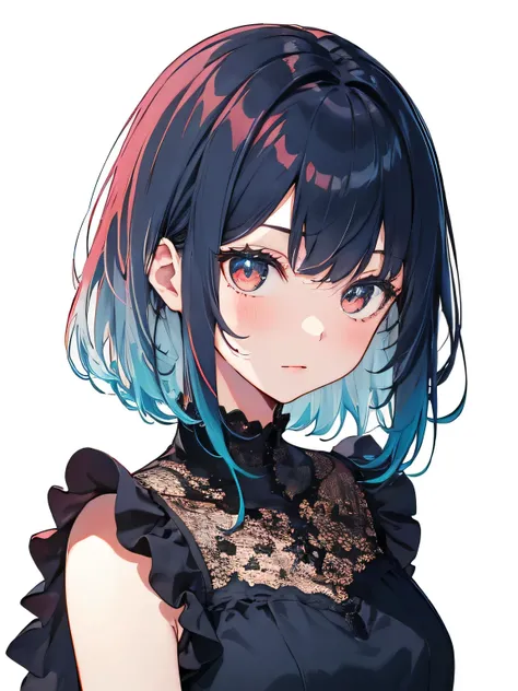      lets draw a black and white world  、    pastel color   ，    gradient color    ，      light blue hair   ，    1 girl，Plain white background，輝く瞳，    red eyeshadow、  Extremely Detailed Crimson Hair  、    super high resolution rendering   ，     black dress...