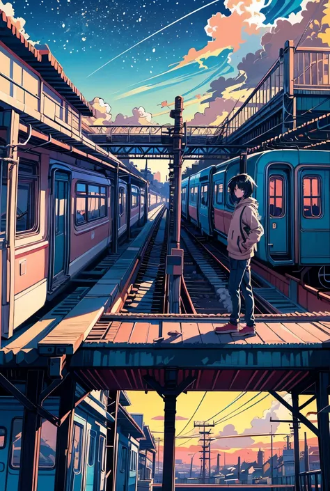 a train track with a sunset in the background, anime. by makoto shinkai, cosmic skies. by makoto shinkai, makoto shinkai art style, makoto shinkai and (cain kuga), by makoto shinkai, by Makoto Shinkai, anime scenery, style of makoto shinkai, anime landscap...