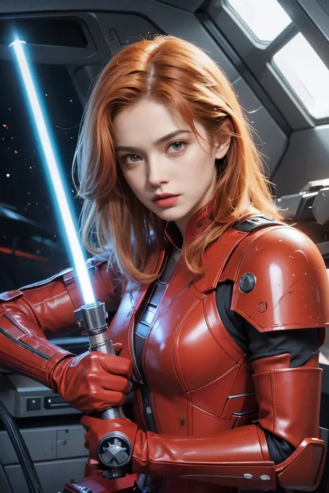  woman in a red suit holding a sword on a spaceship, Jayna Solo , holding a Red Lightsaber,  has a lightsaber.  splash art, , epic  full color illustration,  Marla Jade Skywalker ,  full color digital illustration,  Woman Wearing Red Armor,  full color ill...