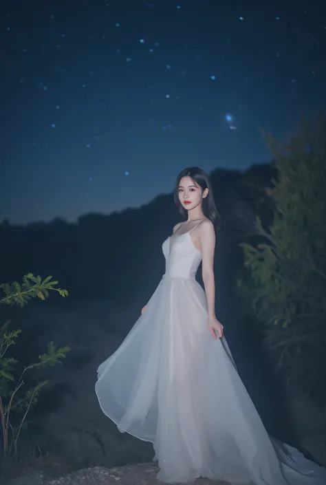  A Beautiful Korean Woman，night， atmosphere under the stars， Full Body Photo 