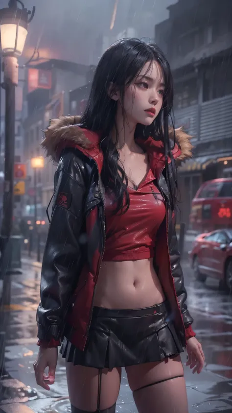 ((8k，masterpiece，best quality，Super detailed，Realistically))，extremely detailed face，Movie Lighting，Movie Lighting，Ray Tracing，Unlit Hair， On cloudy streets，Corner store，bus stop，rainstorm、heavy rain，Girl with long black hair and black eyes.。(She was weari...