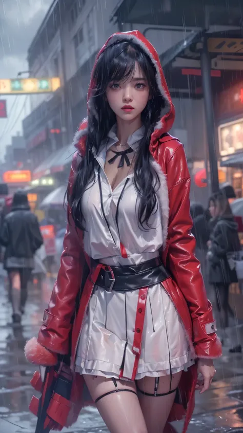 ((8k，masterpiece，best quality，Super detailed，Realistically))，extremely detailed face，Movie Lighting，Movie Lighting，Ray Tracing，Unlit Hair， On cloudy streets，Corner store，bus stop，rainstorm、heavy rain，Girl with long black hair and black eyes.。(She was weari...