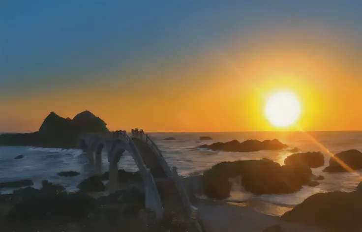 a scenic view of a winding bridge over the ocean, dramatic sunset sky in the background, beautiful golden sunset lighting on the beach, idyllic scenery in Kanagawa prefecture, Japan, intricate architectural details of the bridge, serene ocean waves lapping...