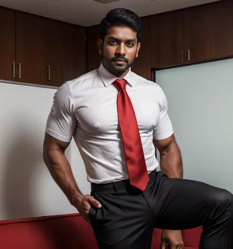 30 year old handsome , One Man,、  muscular、Saravanan Sivakumar。  black shirt  , red tie、  black slim pants 、Short Hair　、office、 sofa facing the front、  black shirt 、 red tie、  black slim pants 、  upper body lift with an emphasis on facial expression　Sarava...