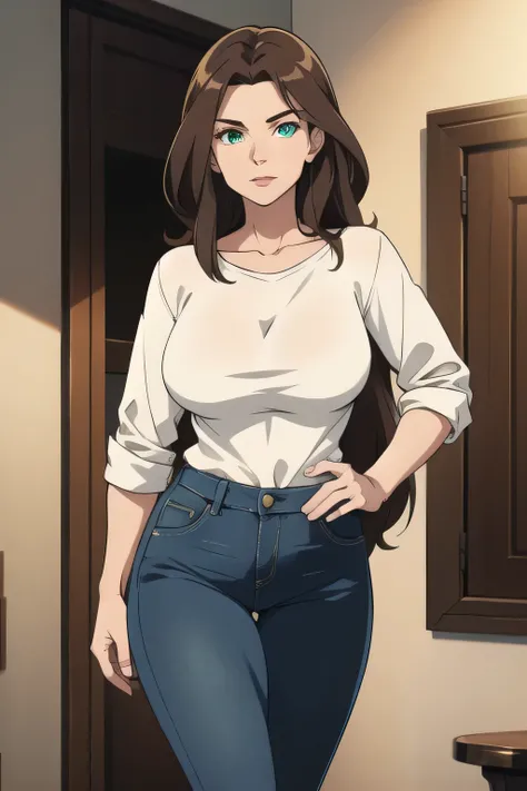 Hot older woman with an exaggerated figure. Green eyes and long brown hair. Give her jeans and a plunging white shirt 