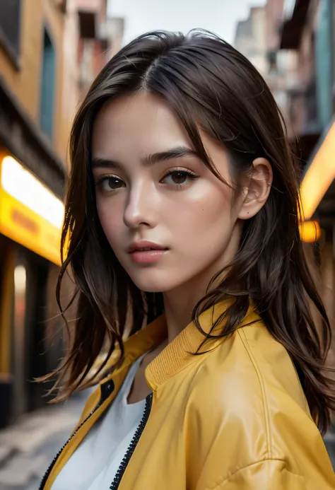 (best quality,4k,8k,highres,masterpiece:1.2),ultra-detailed,(Ultra-realistic, photorealistic,photo-realistic:1.37), RAW Photos, Close-up portrait of a 20-year-old.o One beautiful girl, the most beautiful, alone, Realistic, shirt, Jacket, cyber punk, Brown ...