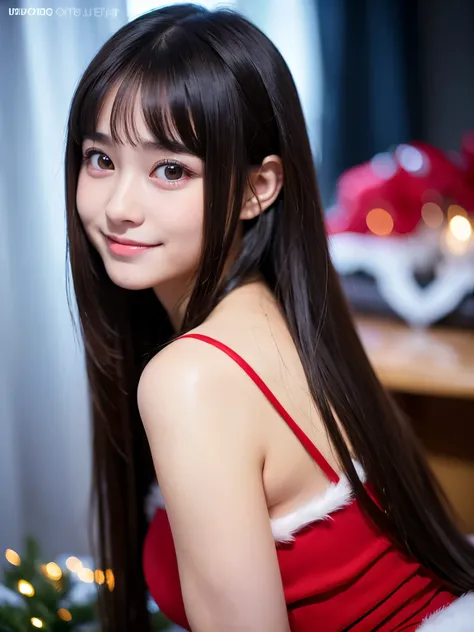 (Best-quality, Masterpiece, Ultra-High-Resolution, (Photorealistic:1.4), Raw Photo, depth of field, professional lighting, perfect anatomy, extremely details), 1girl, (15-years-old), (most famous Japanese-idol), having fun at christmas party, innocent smil...