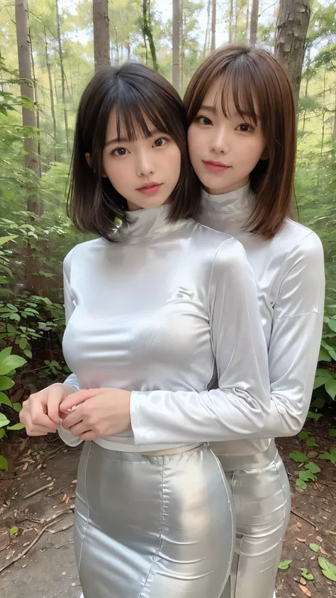 ((A picture with a composition showing the whole body clearly))、( Masterpiece , top quality , super high res ), very detailed CG , short bob style bang 、 beautiful face、(((Two very cute Japanese women ))),(( 2 people are wearing silver smooth s...