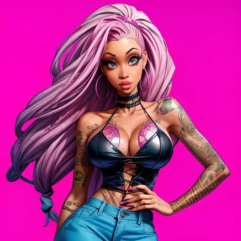 Cardi b with pink long dreadlocks big breast ,spiderweb tattoo on the breast and left arm full of tattoos boondocks animation style 