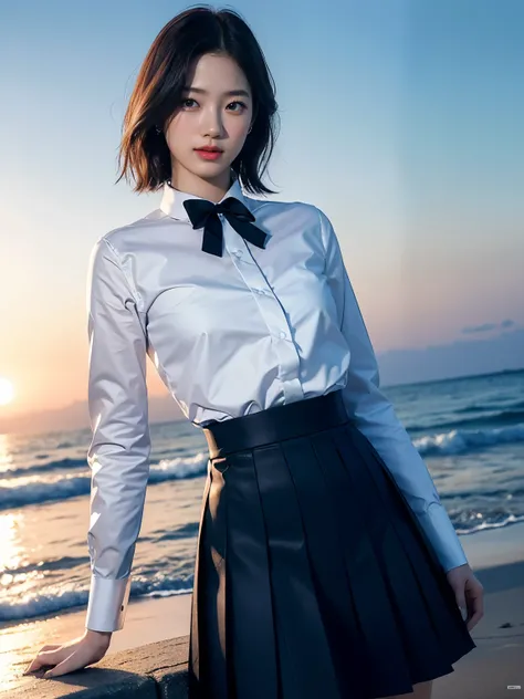 a beautiful young japanese woman with perfect anatomy, detailed facial features, short bob hair, Navy blue Pleated Skirt, White Dress Shirt, Long sleeve, Bow Ribbon, (best quality,4k,8k,highres,masterpiece:1.2),ultra-detailed,(realistic,photorealistic,phot...