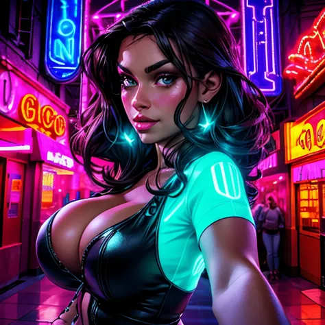 A real photo in raw, a selfie of a beautiful 36-year-old latina Brunette, luminous, neon rim lights, neon signs, glowing lights, huge breasts, indoors, beautiful face, harmonic face, best quality, sexy look,