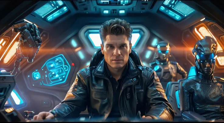 a man in a leather jacket sitting in front of a group of aliens, in a scifi movie, depicted as a scifi scene, sitting sad in spaceship, sci-fi cinematic movie still, in a spaceship cockpit, 