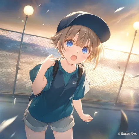 1girl, little female, tomboy, sweat, shorts,beautiful detailed eyes,open mouth,baseball_cap, outdoors, wind,  game CG, break,(artist:mitsumi_misato),artist:fujiyama,artist:kokonoka,artist:aquaplus, break,(masterpiece), (best quality), (ultra-detailed),(Det...