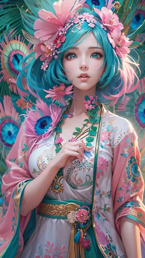 Girl with blue and pink hair and peacock feathers, Inspired by Heiwahiko, CGSociety, 🌺  anime style . 8k,  anime style  3D, Popular on cgstation, 8k high quality detail art,  Gouvez style artwork, Fantasy art style,  realistic anime 3d style ,  anime inspi...