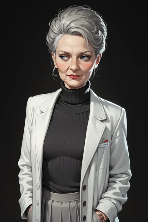 score_9, score_8_up, score_7_up, elderly, woman, gray hair,, intelligent, lab coat, hands in pockets, black high neck sweater, gray skirt, looking to side, blushing, carrie underwood