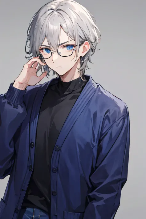 A handsome guy. He has dark gray hair. He is wearing a black shirt, a light grey cardigan and dark red jeans. He wears silver-rimmed glasses. He has a calm expression on his face. He has dark blue eyes. The guy looks very serious.