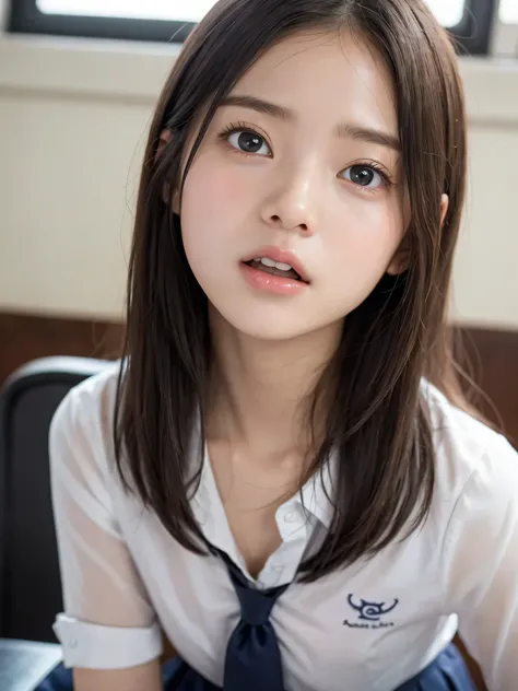 When a beautiful female student with a pure and Innocent face takes off her school uniform in the classroom, male students burst into the classroom , beautiful , Innocent, 身穿内衣的娃娃脸女学生遭到欲火中烧男学生的袭击,显得尴尬又害怕., 张着嘴大喊大叫 , 让观众感到尴尬 , vivid and realistic , C...