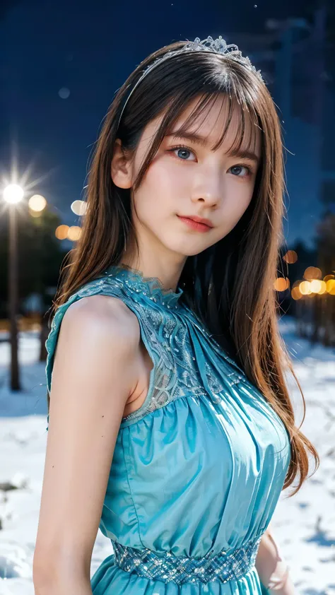 (a beautiful european young girl in a teal blue dress), ((teal blue lace dress)), (high-necked long dress), beautiful young girl, ((large breasts)), tiara, (in a beautiful snowy landscape), high contrast, vivid colors, (graceful atmosphere), (best quality,...
