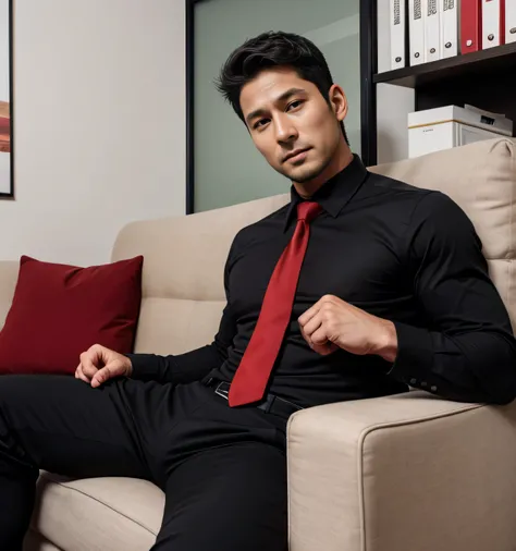 40 year old handsome , One Man,、  muscular、 Yamada Eiji 。  black shirt  , red tie、  black slim pants 、Short Hair、office、 sits on the sofa、  black shirt 、 red tie、  black slim pants 、  upper body lift with an emphasis on facial expression　Yamada Eiji 　front...