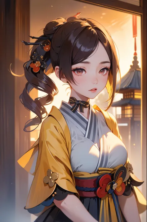 [chiori gi]:1.5,((masterpiece,highest quality,Highly detailed images,Beautiful images))1.4(chiori images、large breasts, japanese old houses、The wind is blowing、Overall dim lighting、Backlight、A fantastic atmosphere、Thick Fog、Dust flutters)1.3,(Close-up imag...