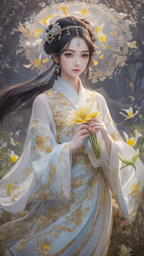 (( top quality )),( super high res),( super detailed ),( detailed description ),(( best CG )),( Best Artwork ), Ultra Precision Art, Amazing Painting Art,(Exquisite art:1.5),   Splendid China Dress, Deep slit, Phoenix Hair Ornaments ,  Buttercup , White Li...