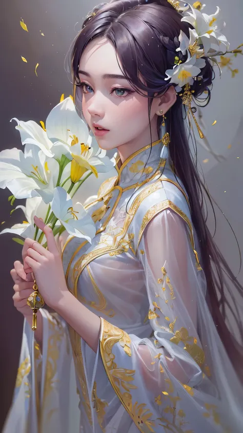 (( top quality )),( super high res),( super detailed ),( detailed description ),(( best CG )),( Best Artwork ), Ultra Precision Art, Amazing Painting Art,(Exquisite art:1.5),  Splendid China Dress, Deep slit, Phoenix Hair Ornaments , Buttercup , White Lily