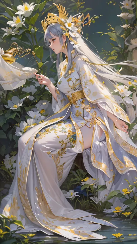 (( top quality )),( super high res),( super detailed ),( detailed description ),(( best CG )),( Best Artwork ), Ultra Precision Art, Amazing Painting Art,(Exquisite art:1.5),  Splendid China Dress, Deep slit, Phoenix Hair Ornaments , Buttercup , White Lily