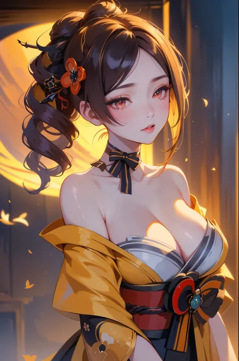 [chiori gi]:1.5,((masterpiece,highest quality,Highly detailed images,Beautiful images))1.4(chiori images、large breasts, japanese old houses、The wind is blowing、Overall dim lighting、Backlight、A fantastic atmosphere、Thick Fog、Dust flutters)1.3,(Close-up imag...