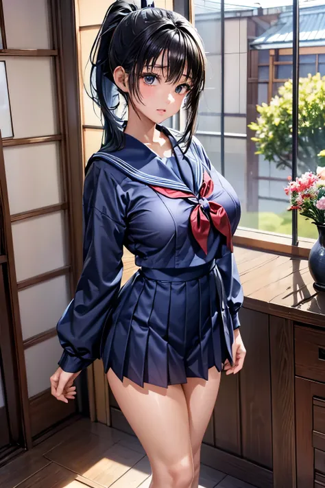  masterpiece、top quality 、8k、woman、 Japanese、 high school girl、School、navy blue sailor suit、 standing、cute、 Dark Eyes、  round eyes、  black hair、 ponytail、 slender 、whole body、Big Breasts、  beautiful face、    beautiful hands、  beautiful legs