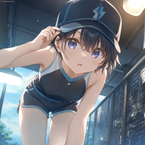 1girl, little female, tomboy, sweat, shorts,beautiful detailed eyes,open mouth,baseball_cap, outdoors, wind,  game CG, break,(artist:mitsumi_misato),artist:fujiyama,artist:kokonoka,artist:aquaplus, break,(masterpiece), (best quality), (ultra-detailed),(Det...