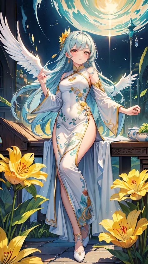 (( top quality )),( super high res),( super detailed ),( detailed description ),(( best CG )),( Best Artwork ), Ultra Precision Art, Amazing Painting Art,(Exquisite art:1.5),  Splendid China Dress, Deep slit, Phoenix Hair Ornaments , Buttercup , White Lily