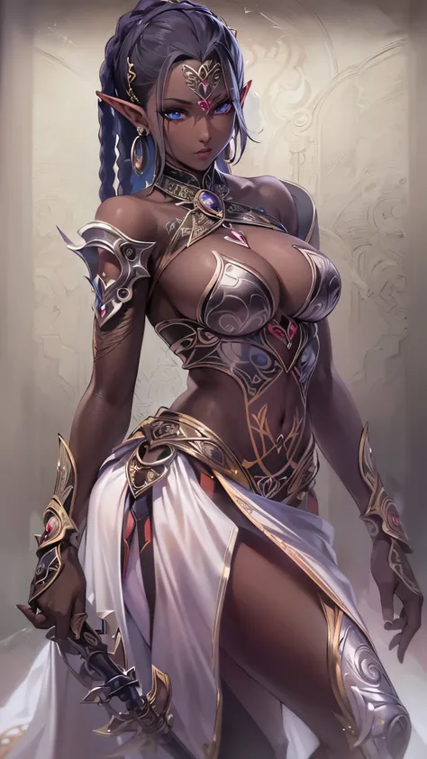 (( top quality )),( super high res),( super detailed ),( detailed description ),(( best CG )),( Best Artwork ), Ultra Precision Art, Amazing Painting Art,(Exquisite art:1.5), Female Dark Elf,  Dark Skin ,  strapless , Backless,  Tight Miniskirt ,  braided 