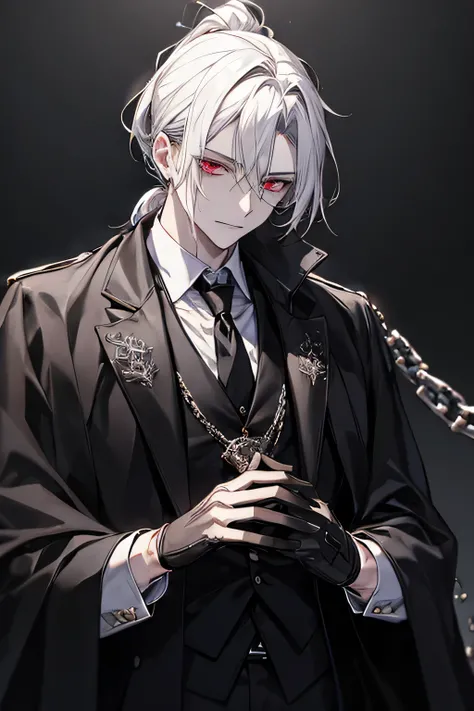 Mechanical left hand. Dressed in a white shirt, black ties. Dressed in a black cloak, top shirt and ties. On the hands are soft black gloves. Eyes are red. The skin is very pale. Hair is tied back in a low loose ponytail. Hair color is white, with dark red...